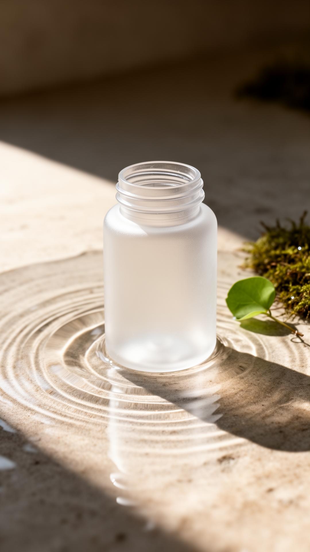 NEXRY recycled PET bottle resting in still water beside living moss — a quiet study in circular materials.